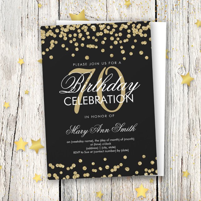 Gold Black 70th Birthday Party Glitter Confetti Invitation (Creator Uploaded)