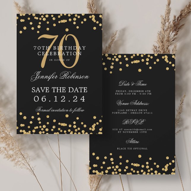 Gold Black 70th Birthday Save the Date & Details Invitation (Gold Black 70th Birthday Save the Date & Details Invitation)