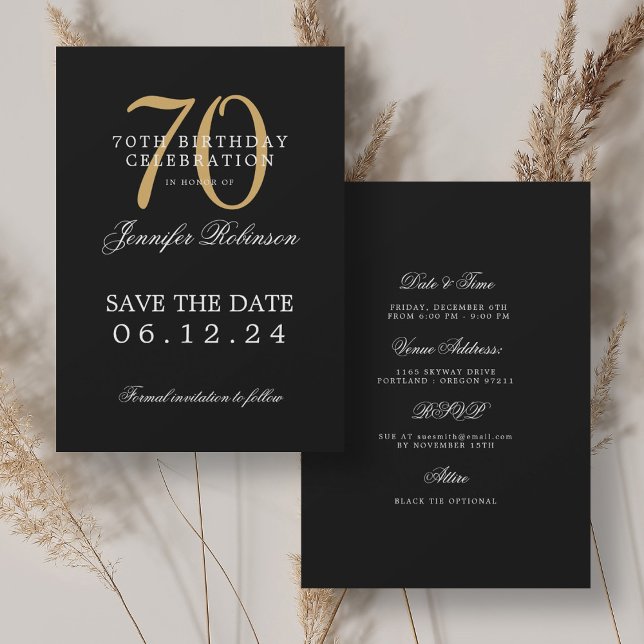 Gold Black 70th Birthday Save the Date w/ Details Invitation (Gold Black 70th Birthday Save the Date w/ Details Invitation)