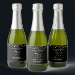 Gold black 70th birthday theme confetti thank you sparkling wine label<br><div class="desc">Pop the bubbly and thank your guests for coming. Use these labels for your sparkling wine at your birthday party. An elegant black and printed gold design for your 70th birthday milestone celebration. Personalise with your name and greeting. Black gold print confetti dot design adds to the sophisticated look.</div>