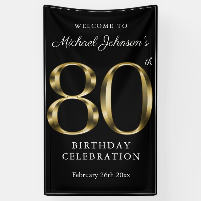 Gold & Black 80th Birthday Elegant Welcome Party Banner (Vertical)