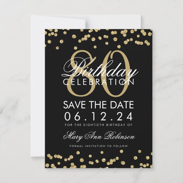 Gold Black 80th Birthday Save Date Confetti Save The Date (Front)