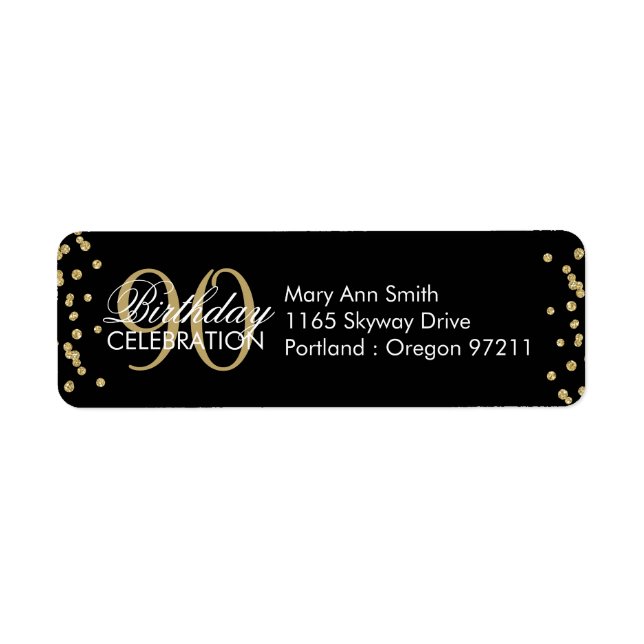 Gold Black 90th Birthday Glitter Confetti Return Address Label (Front)