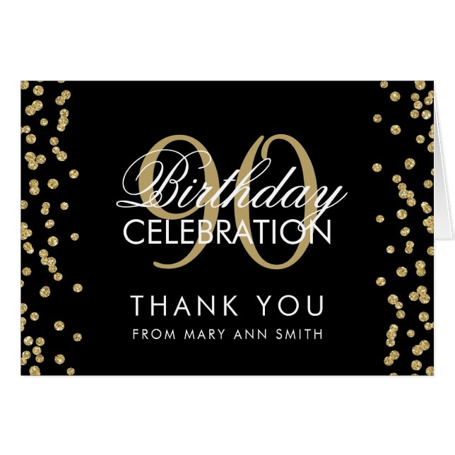 Gold Black 90th Birthday Thank you Glitter (Front Horizontal)