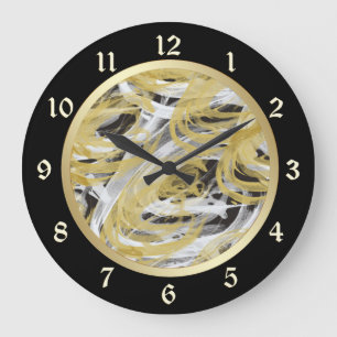 Gold Black Abstract Swirl Large Clock
