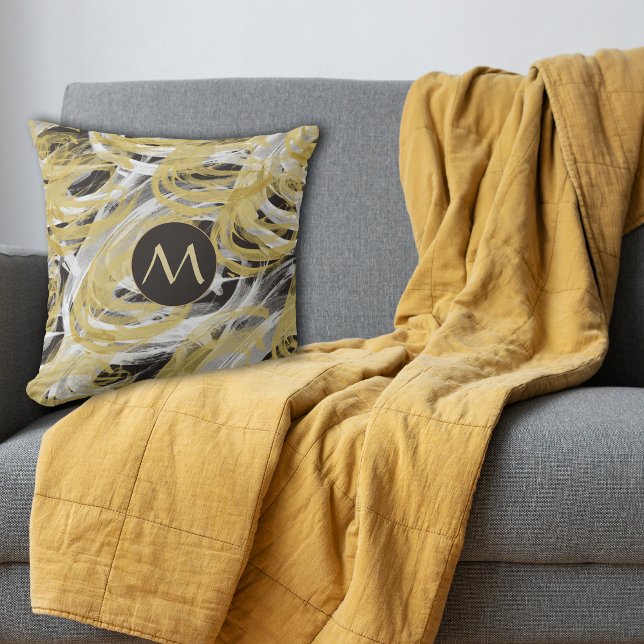 Gold Black Abstract Swirl Monogram Cushion (Creator Uploaded)