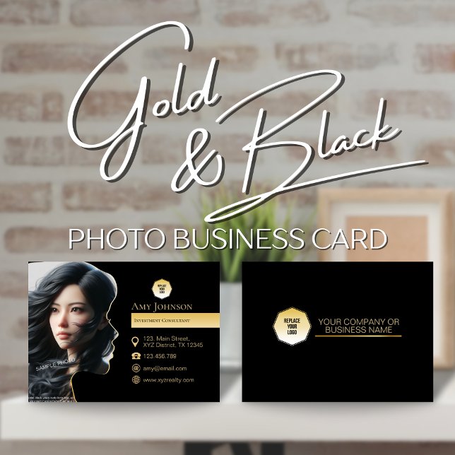 Gold & Black, Add Own Photo To Face Silhouette  Business Card (Creator Uploaded)