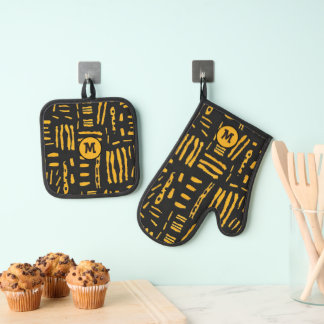 Gold Black African Line Pattern Monogram Oven Mitt & Pot Holder Set
