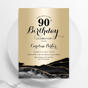 Gold Black Agate Marble 90th Birthday Invitation
