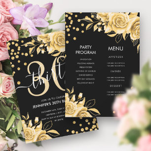 Gold Black AllinOne Floral Glitter 30th Birthday  Invitation