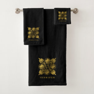 Gold Black Ancient Greek Meander Monogram Bath Towel Set