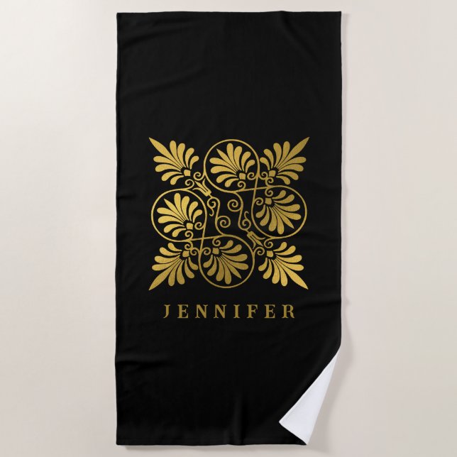 Gold Black Ancient Greek Meander Monogram Beach Towel (Front)
