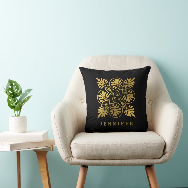 Gold Black Ancient Greek Meander Monogram Cushion (Chair)