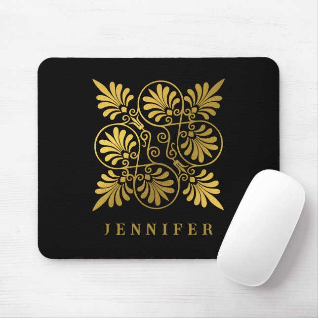 Gold Black Ancient Greek Meander Monogram Mouse Pad (With Mouse)