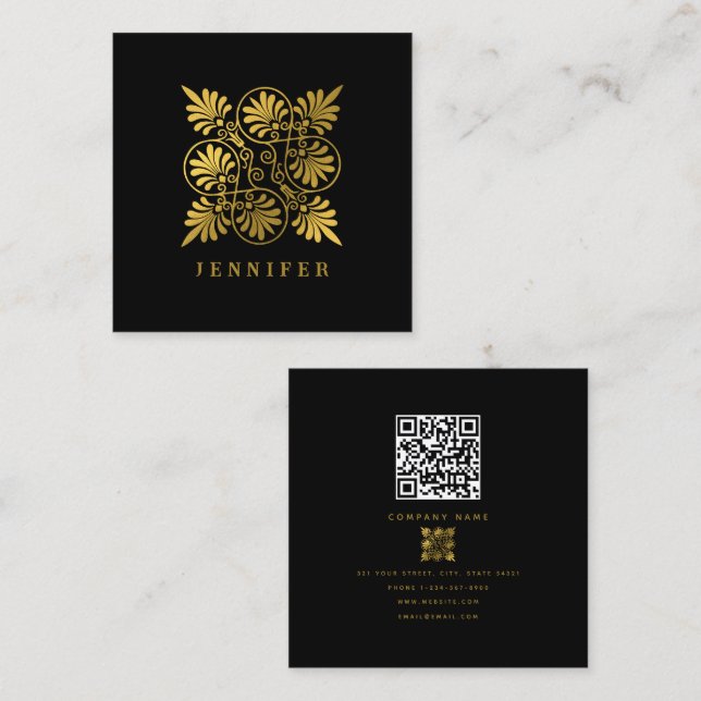 Gold Black Ancient Greek Meander Monogram Square Business Card (Front/Back)
