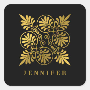 Gold Black Ancient Greek Meander Monogram Square Sticker