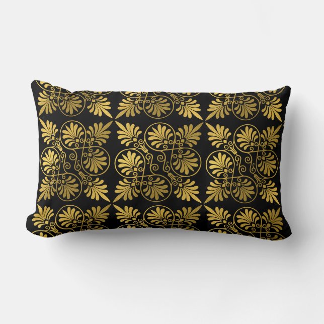 Gold Black Ancient Greek Meander Pattern Lumbar Cushion (Front)