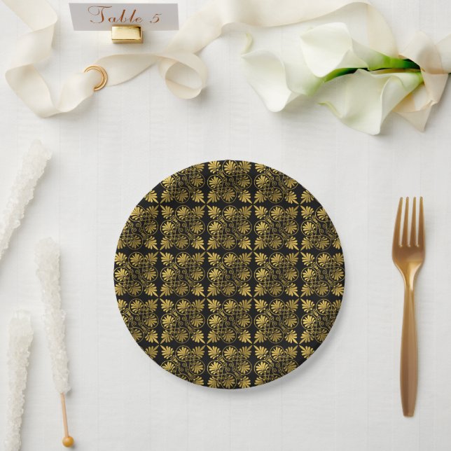 Gold Black Ancient Greek Meander Pattern Paper Plate (Wedding)
