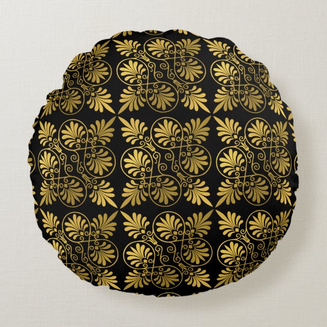 Gold Black Ancient Greek Meander Pattern Round Cushion (Front)