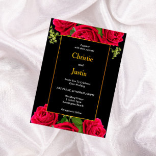 Gold Black And Burgundy Rose Wedding Invitations