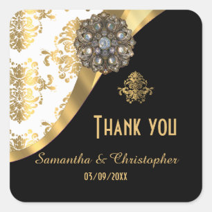 Gold, black and white damask pattern thank you square sticker