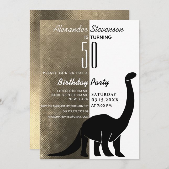 Gold Black and White Dinosaur 50th Birthday Party Invitation (Front/Back)