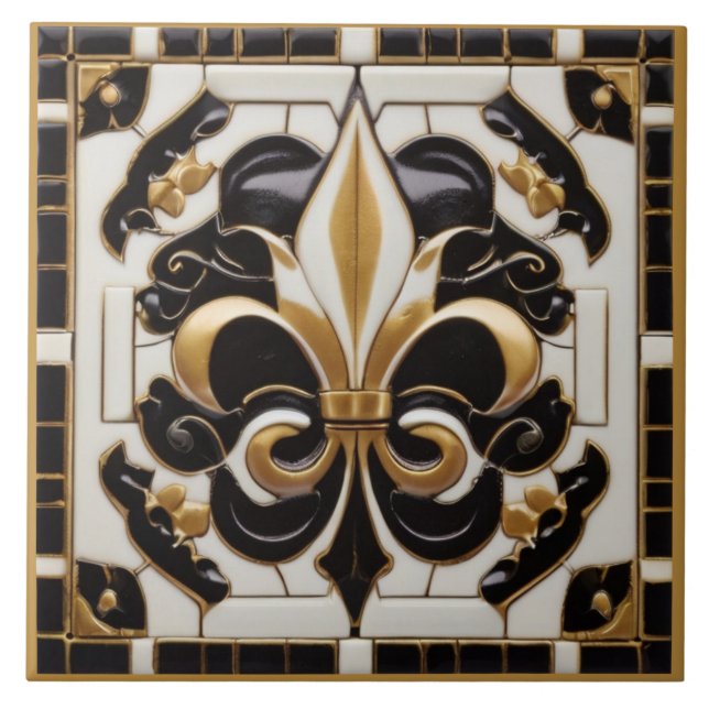 Gold Black and White Fleur de Lis Faux Relief Ceramic Tile (Front)