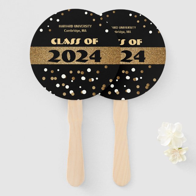 GOLD, BLACK AND WHITE GRADUATION, CLASS HAND FAN (Front and Back)