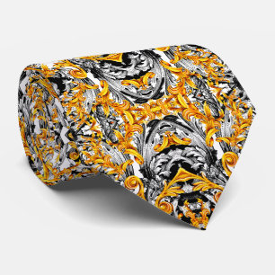 GOLD BLACK AND WHITE ITALIAN BAROQUE PRINT MEN'S TIE