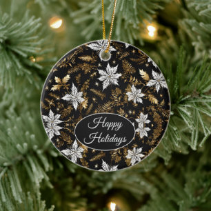 Gold, Black and White Poinsettia Happy Holidays Ceramic Ornament
