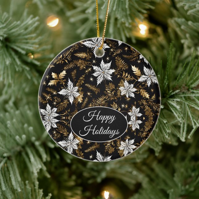 Gold, Black and White Poinsettia Happy Holidays Ceramic Ornament (Tree)