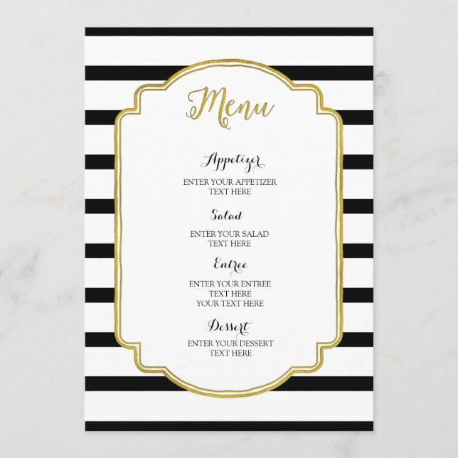 Gold Black and White Stripes Wedding Menu (Front)
