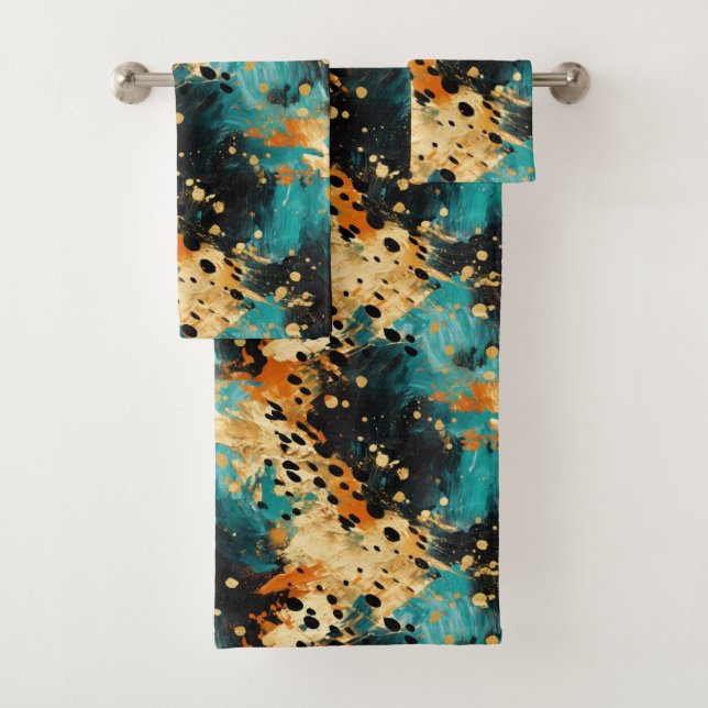 Gold Black Aqua Orange Leopard Abstract Bath Towel Set (Insitu)