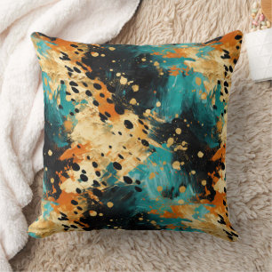 Gold Black Aqua Orange Leopard Abstract Cushion