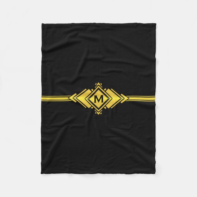 Gold & Black Art Deco Belt Monogram Fleece Blanket (Front)