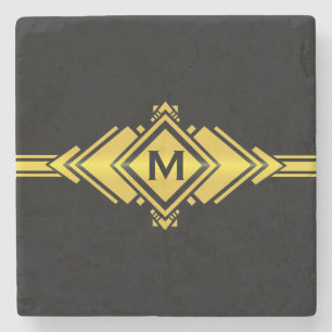 Gold & Black Art Deco Belt Monogram Stone Coaster