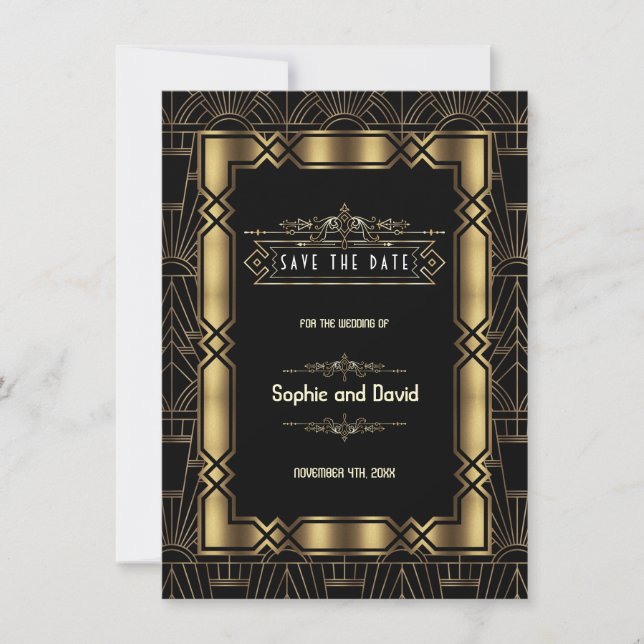 Gold Black Art Deco Gatsby 1920s Save the Date (Front)