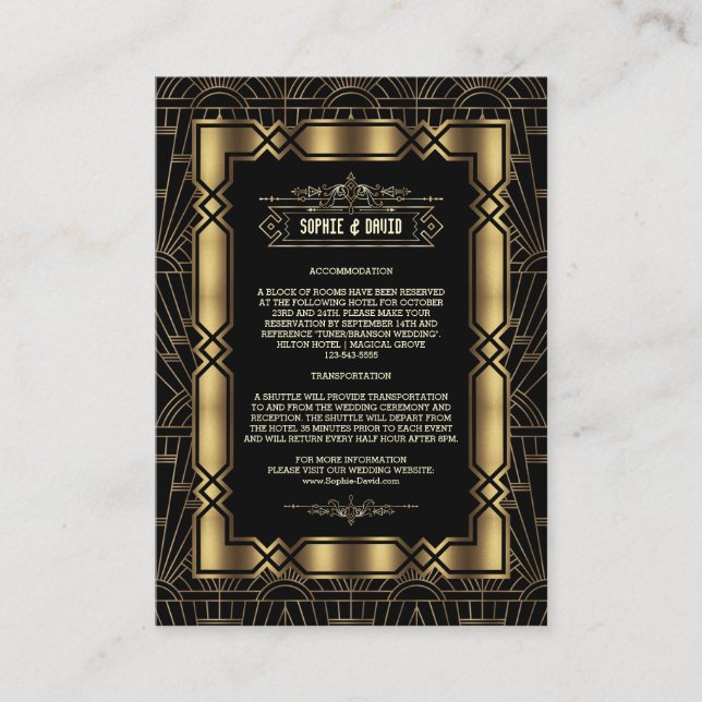 Gold Black Art Deco Gatsby 1920s Wedding Details Enclosure Card (Front)