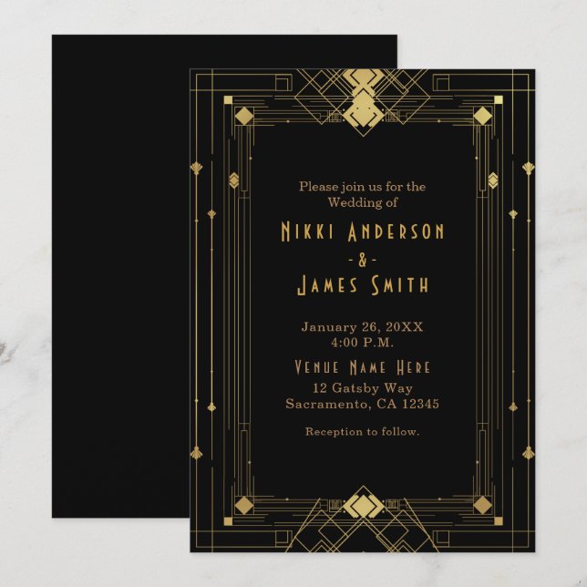 Gold & Black Art Deco Gatsby Roaring 20's Elegant Invitation (Front/Back)