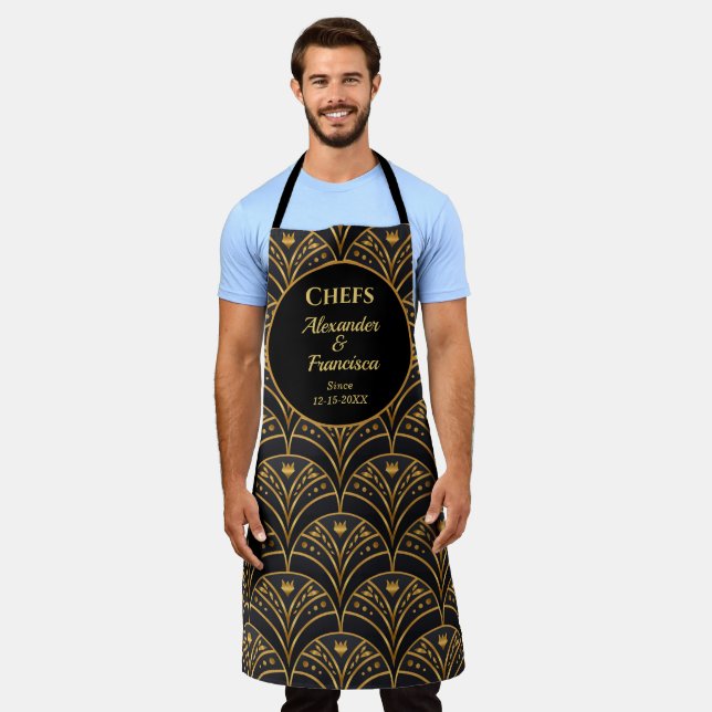 Gold Black Art Deco Scallop Pattern Personalise Apron (Worn)