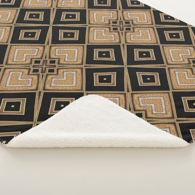 Gold Black Art Deco Squares Geometric Pattern Sherpa Blanket (3/4)