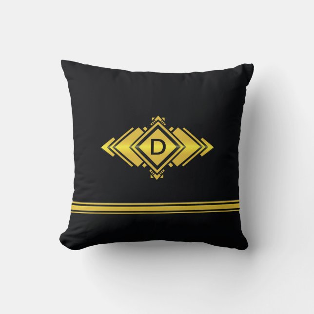 Gold & Black Art Deco Style Monogram Cushion (Front)
