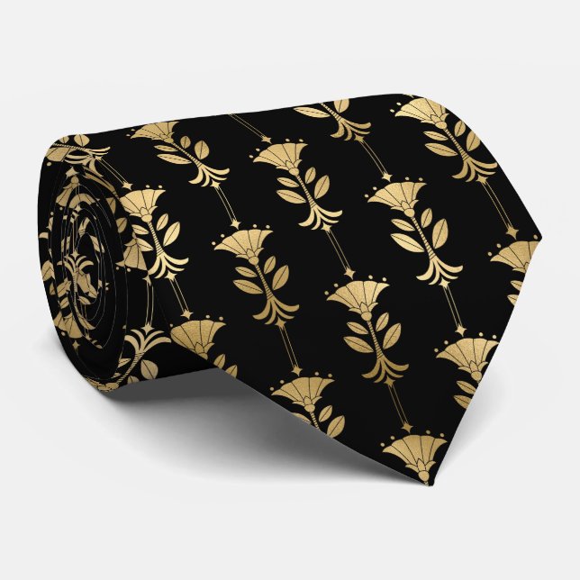 Gold black art deco tiled pattern neck tie (Rolled)