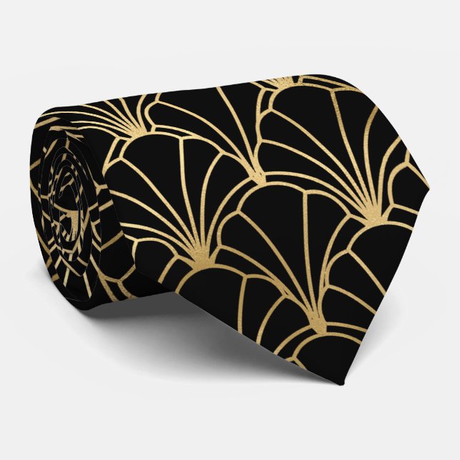 Gold black art deco tiled pattern neck tie (Rolled)
