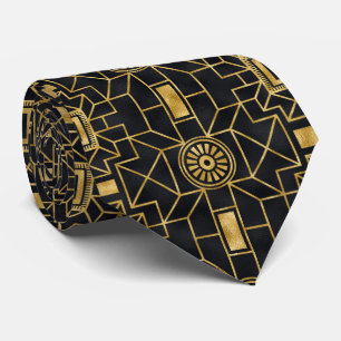 Gold black art deco tiled pattern neck tie