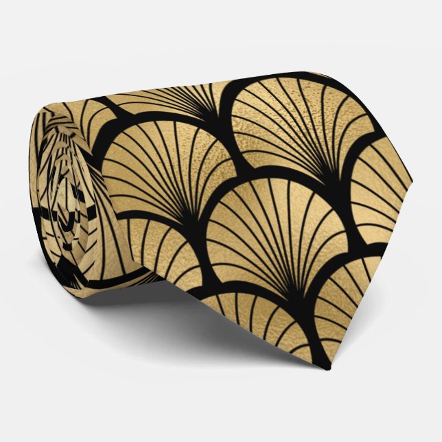 Gold black art deco tiled pattern neck tie (Rolled)
