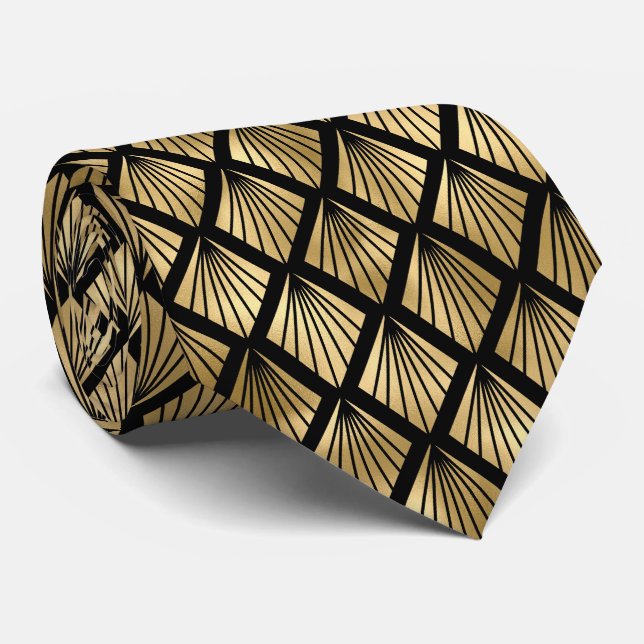 Gold black art deco tiled pattern neck tie (Rolled)