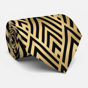 Gold black art deco tiled pattern neck tie