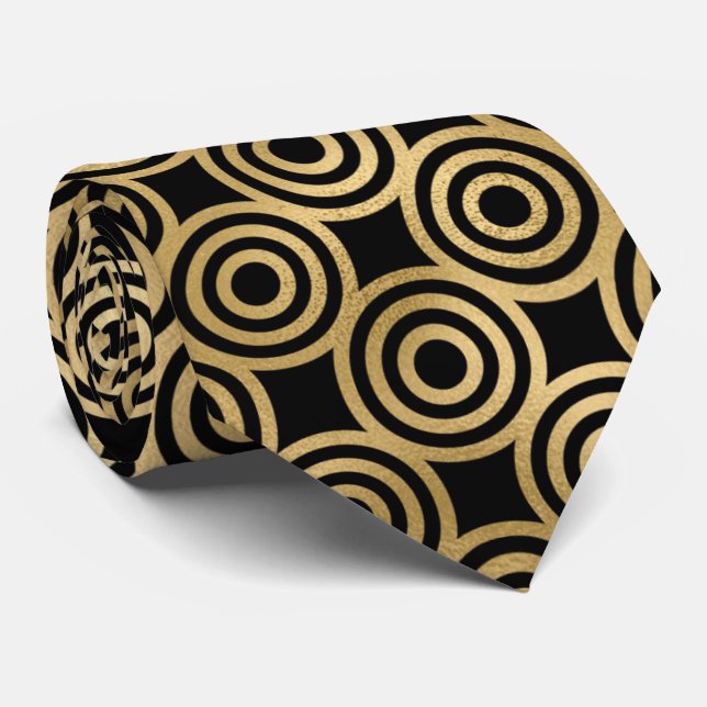 Gold black art deco tiled pattern neck tie (Rolled)
