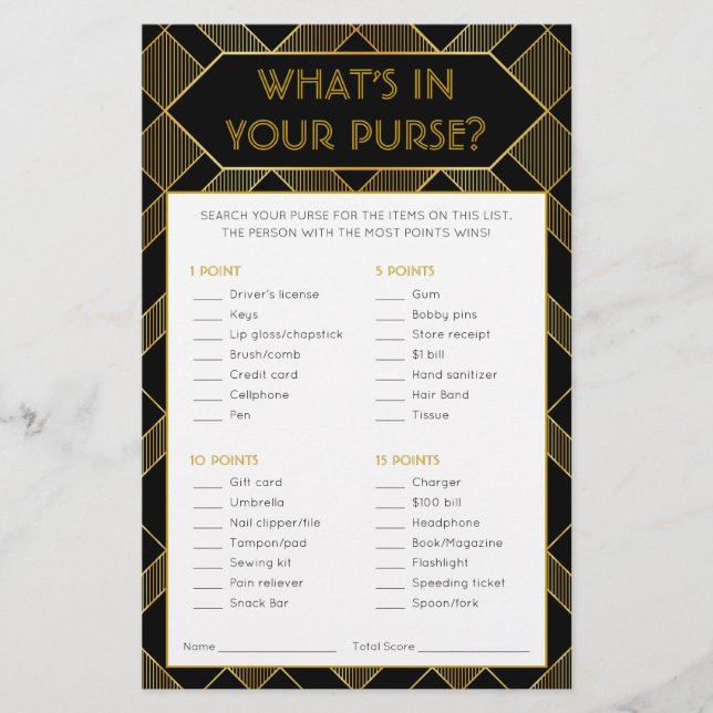 Gold & Black Art Deco Vintage Bridal Shower Game (Front)